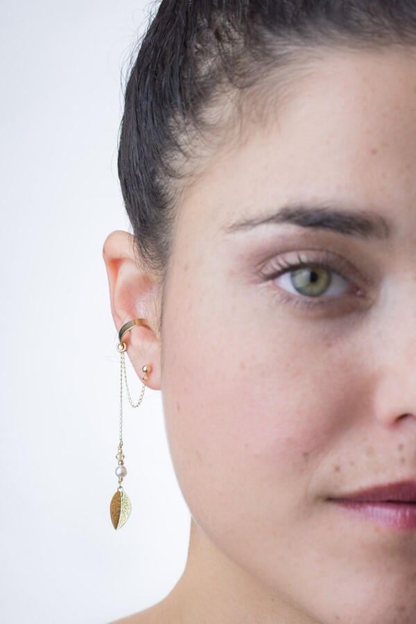 Etsy Gold Leaf Ear Cuff Earring, Swarovski Pearl Dangling Charm Dangle No Piercing Faux Helix Wrap