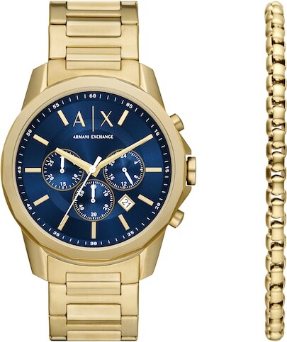 Zales Men’s Armani Exchange Gold-Tone IP Chronograph Watch with Blue Dial and Chain Bracelet Box Set (Model: Ax7151Set)