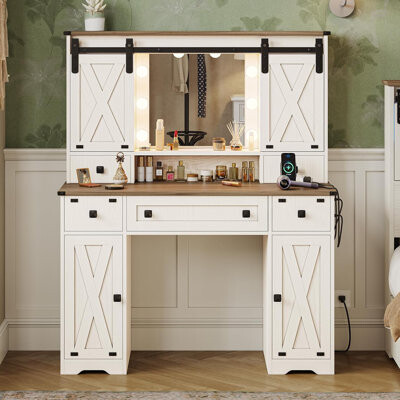 Gracie Oaks Farmhouse Vanity Desk With Mirror And Lights White Makeup Dressing Vanity Table With Charging Station Rustic Country Vanity Mirror With Sliding Barn
