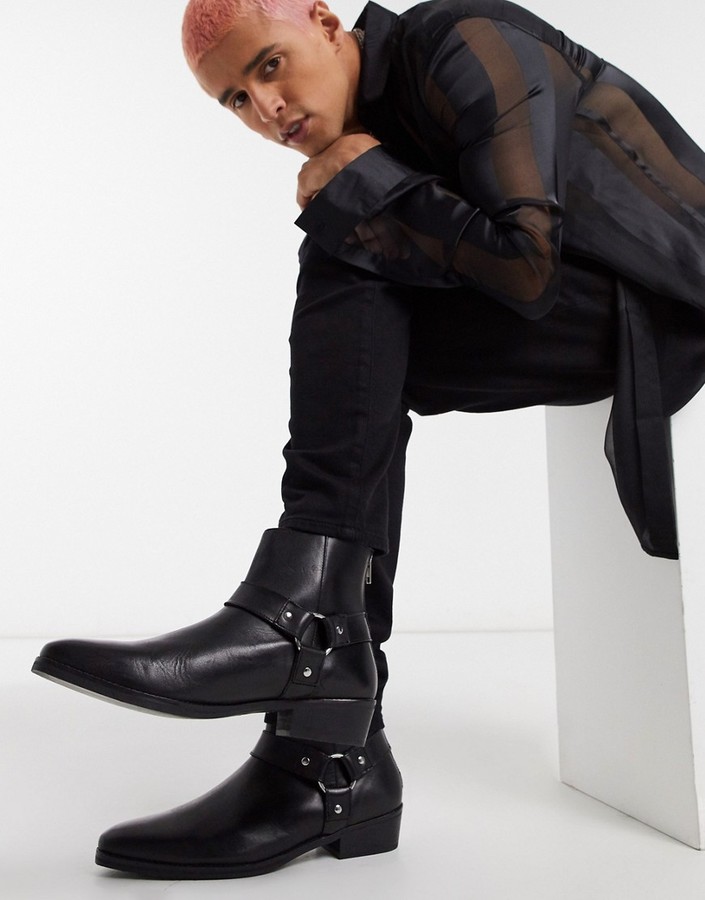 ASOS DESIGN stacked heel western chelsea boots in black leather with buckle  detail - ShopStyle