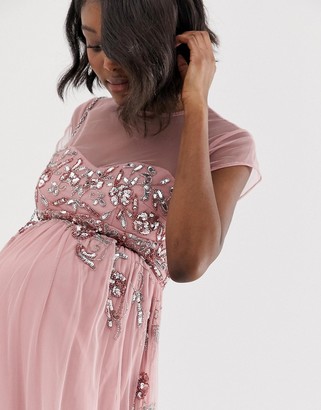 Maya Maternity all over premium embellished mesh cap sleeve maxi dress in vintage rose