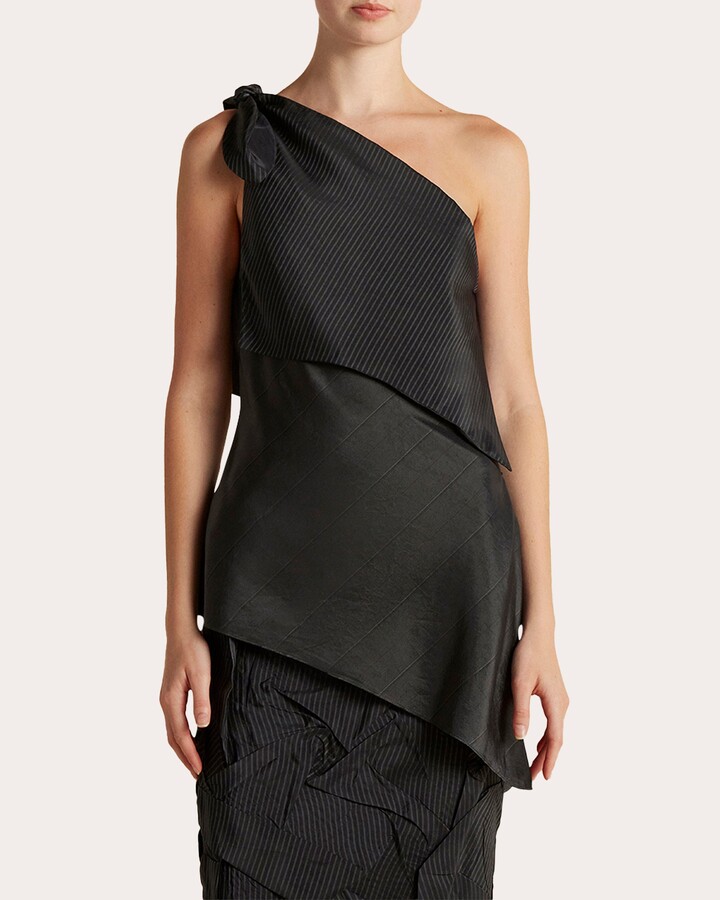 Marina Moscone Pinstripe Draped Asymmetric Triangle Top