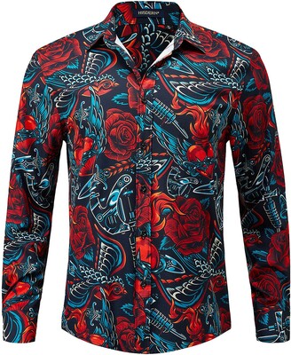 HISDERN Men's Floral Shirt Causal/Formal Silk Dress Shirt for Wedding Party  Button Down Shirts Long Sleeve Regular Fit - ShopStyle