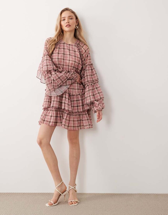 Y.A.S ruffle chiffon smock mini dress in pink and mauve plaid print