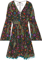 Matthew Williamson - Pampas Peacock Pompom-embellished Printed Silk Crepe De Chine Mini Dress - Black