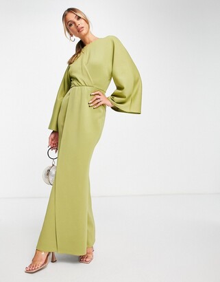 ASOS DESIGN front twist maxi dress with fluted sleeve in olive green
