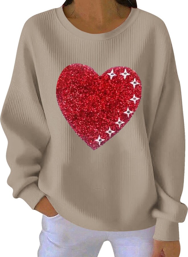 Generic Valentines Sweatshirt Women Oversized Sequin Heart Shirt Pullover Valentine's Long Sleeve Tops Crew Neck Solid Top Khaki S