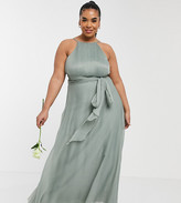 Thumbnail for your product : ASOS DESIGN Curve Bridesmaid ruched pinny maxi dress with tie waist detail in olive