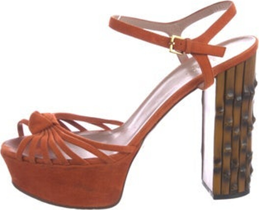 Gucci Patent Leather Sandals Orange Bamboo Accent Platform Straps & Buckle Closure at Ankles Includes Dust Bag