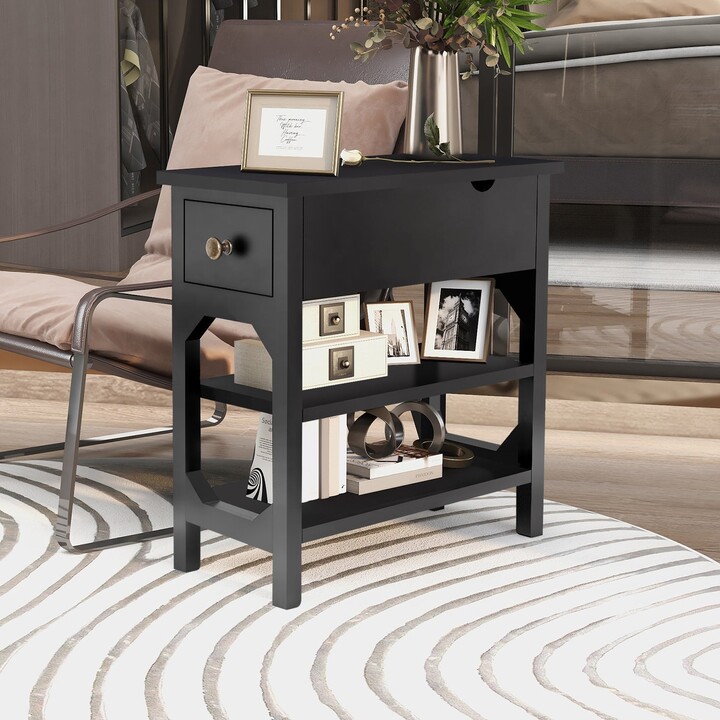 Global Pronex Flip Top Side Table with Drawer, Narrow End Table with  2-Tiers Open Storage Shelves Slim Sofa Table Space ,Black - ShopStyle