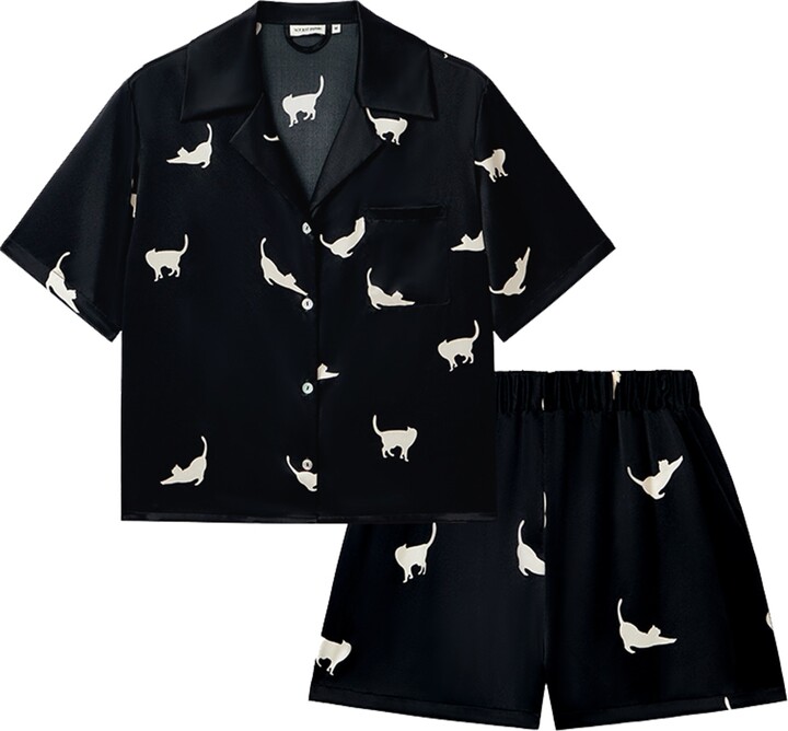Not Just Pajama Black Cats Edition Silk Pajamas Short Set
