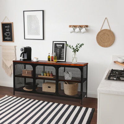 Latitude Run Industrial Style Storage Cabinet Home Kitchen Storage Cabinet Against The Wall Retro Tin Cabinet Living Room Iron Dining Cabinet(Black& Wood Top)