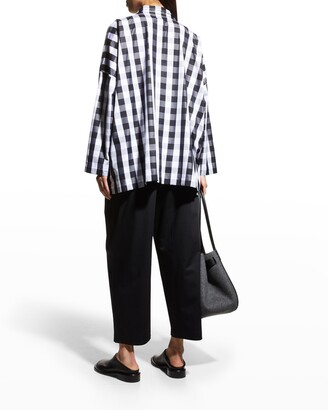 eskandar Wide Longer-Back Gingham Shirt with Double Stand Collar (Mid Plus Length)