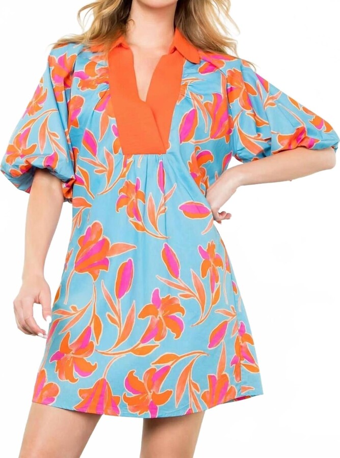 THML Puff Sleeve Flower Print Dress In Blue