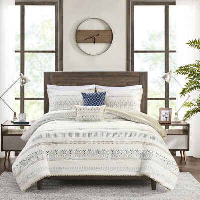 SnugglySolace Bedding - Printed Seersucker Blue And Taupe Geometric With 2 Decorative Pillows Machine Washable In Commercial Dryer Comforter Soft & Colors Shams Lar