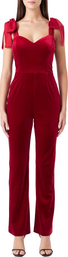 Bow Strap Sweetheart Neck Velvet Jumpsuit