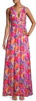 Pleated Floral Chiffon Gown 