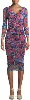 Fuzzi Rose-Print Shirred V-Neck Dress