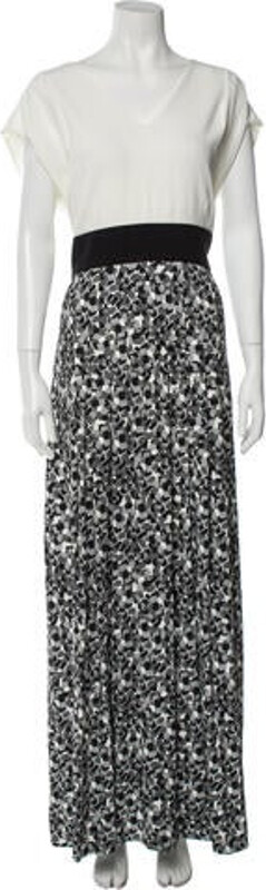 Goat Evening Gown Black & White Floral Print Short Sleeve with Scoop Neck Concealed Zip Closure at Back