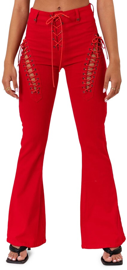 EDIKTED Engine Red Lace-Up High Waist Flare Jeans - ShopStyle
