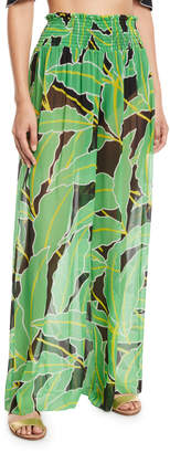 Diane von Furstenberg Smocked Leaf-Print Wide-Leg Coverup Pants