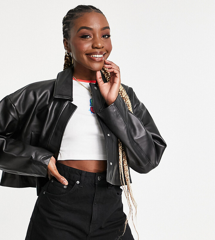 ASOS DESIGN Tall leather 90s jacket in black - ShopStyle