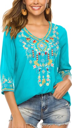 Women Embroidery Boho Shirt 3/4 Sleeve Mexican Bohemian Tops Tunic Blouse