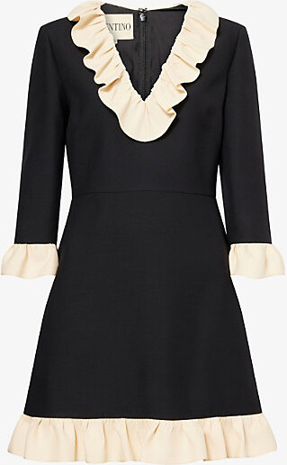 Valentino Garavani Womens Navy Betulla Ruffled V-Neck Wool and Silk Midi Dress 8