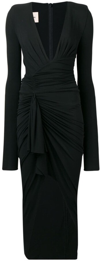 black ruched cocktail dress