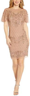 Adrianna Papell Womens Flutter Sleeve Boat Neckline Beaded Cocktail Dress Special Occasion Dress