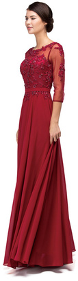 Dancing Queen - Lace-Applique Long Prom Dress with Sheer 3/4 Sleeves 9473X