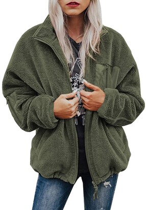 Womens Coat Casual Lapel Fleece Fuzzy Faux Shearling Zip Up Shaggy Oversized Coat Jacket with Pockets Warm Winter 