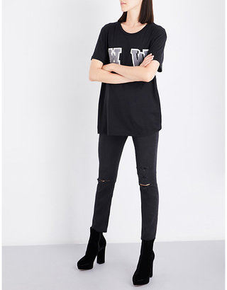 Off-White Ladies Black Embroidered W-Appliqué Oversized Cotton-Jersey T-Shirt