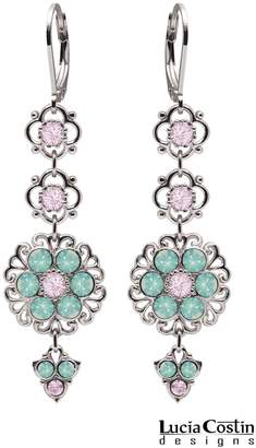 .925 Sterling Silver Flower Shaped Dangle Earrings by Lucia Costin with Filigree Ornaments, Lilac and Mint Blue Swarovski Crystals, Adorned with Lovely Charms; Handmade in USA