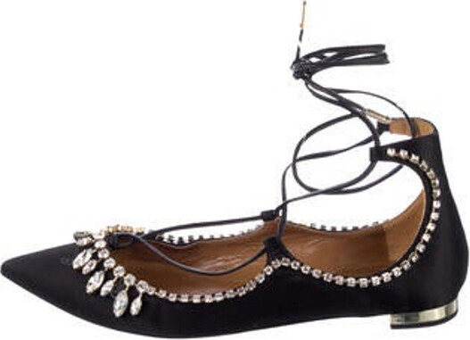 Aquazzura Velvet Flats Black & Gold Pointed-Toes with Crystal Embellishments Wrap-Around Straps & Tie Closures Designer