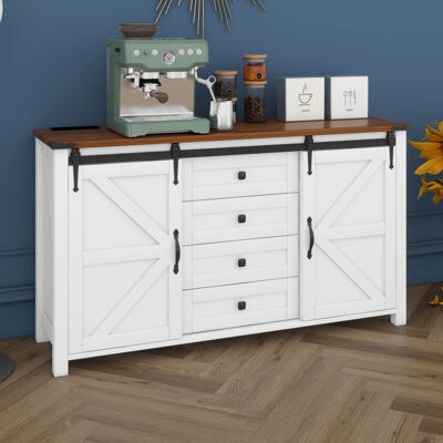 Ophelia & Co. 55.1-Inch Sideboard Buffet Cabinet With Storage & Power Outlet Wood Coffee Bar Cabinet With Sliding Barn Door And Drawers