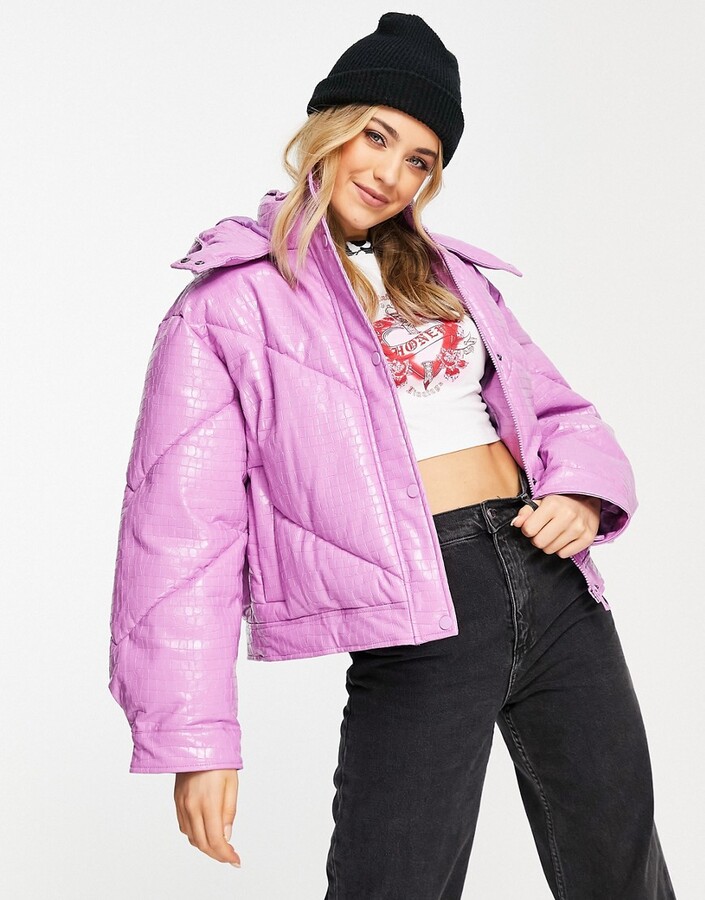ASOS DESIGN vinyl cropped puffer jacket in lilac - ShopStyle
