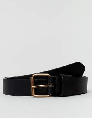 ASOS Faux Leather Slim Belt In Black With Burnished Roller Buckle