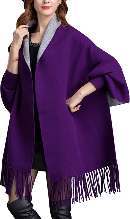 Dawwoti Knitted Shawls Wraps with Sleeve Ladies Winter Cashmere Ponchos  Cardigan Blanket Purple - ShopStyle