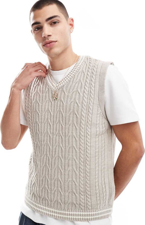 ASOS DESIGN oversized knitted v neck tank in cable knit in cream