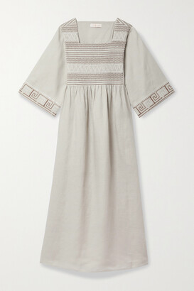 Tory Burch Embroidered Smocked Linen Midi Dress