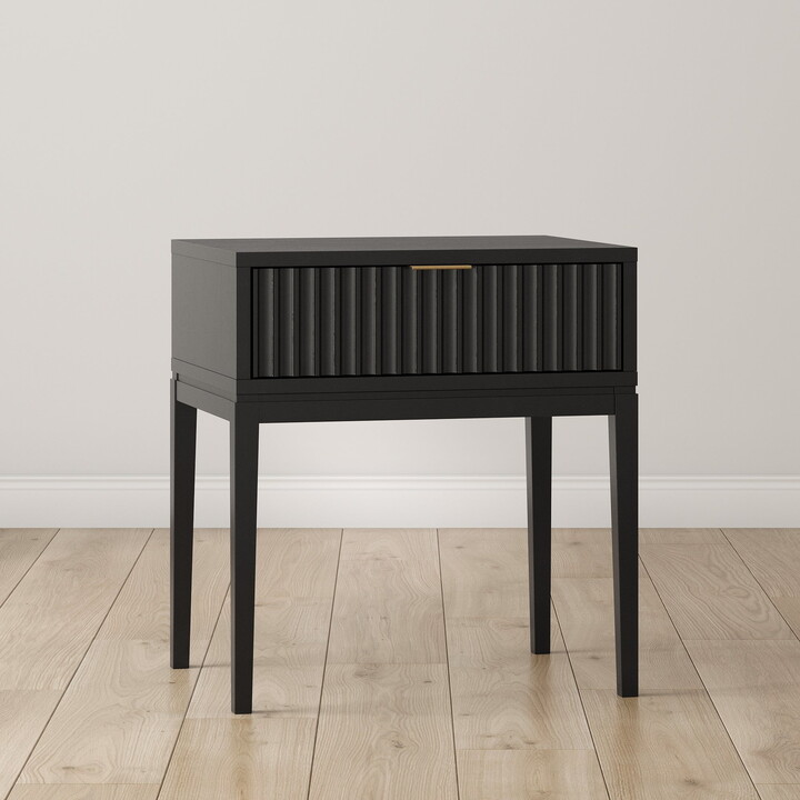Nathan James Jasper 1-Drawer Boho Side Table, Solid Wood Bedroom Nightstand or Bedside Table with Drawer, Fluted Doors and Brass Handles, Black