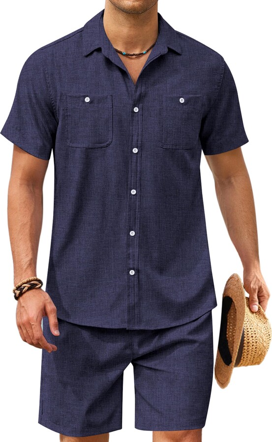 COOFANDY Men 2 Piece Linen Set Casual Beach Outfit Button Down Shirt and  Short - ShopStyle Pyjamas