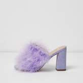 Thumbnail for your product : River Island Womens Purple fluffy feather block heel mules