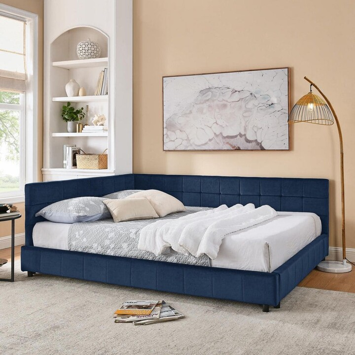 Nola Dark Blue Velvet Upholstered Queen Size Daybed with Tufted Bed Frame, Armrests