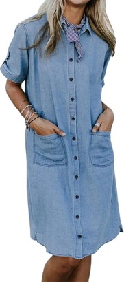 Onsoyours Womens Denim Long Sleeve Vintage Buttons Jean Shirt Dress Maxi Shirt Dress with Pockets I Blue 18