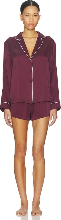 Lunya Washable Silk Piped Button Up Long Sleeve Short Set