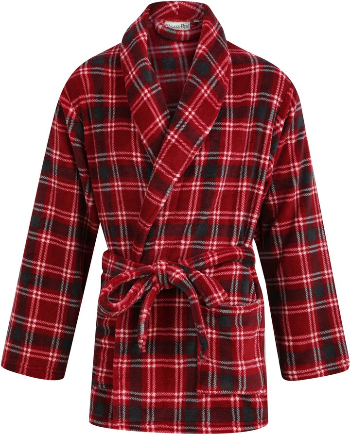 Walker Reid Mens Check Coral Fleece Bed Jacket Shawl Collar Short Robe
