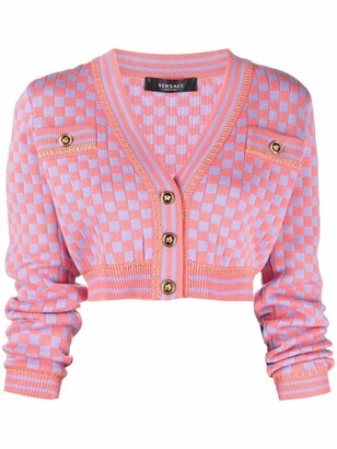 VERSACE カーディガン Versace Checkerboard-Knit Cropped Cardigan - ShopStyle