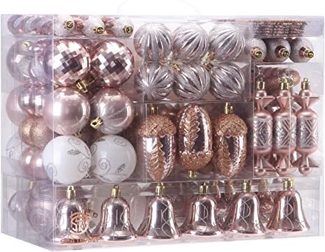 Sea Team 155-Pack Assorted Shatterproof Christmas Ball Ornaments Set Decorative Baubles Pendants with Reusable Hand-held Gift Package for Xmas Tree (Rose Gold, 155)